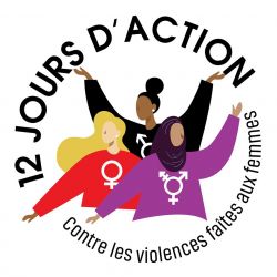 Logo des 12 jours, illustration de trois femmes de diverses origines entouré du texte 12 jours d'action contre les violences faites aux femmes