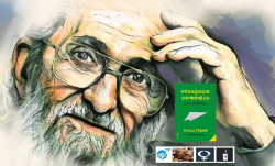 Affiche promotionnelle du cercle de lecture. En prédominance, un portrait artistique de Paolo Freire.